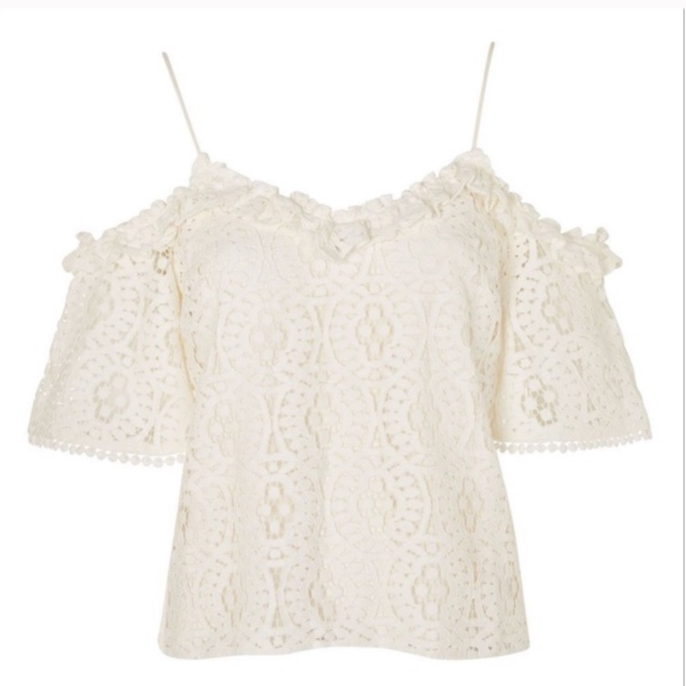 Topshop lace frill cold shoulder top in cream